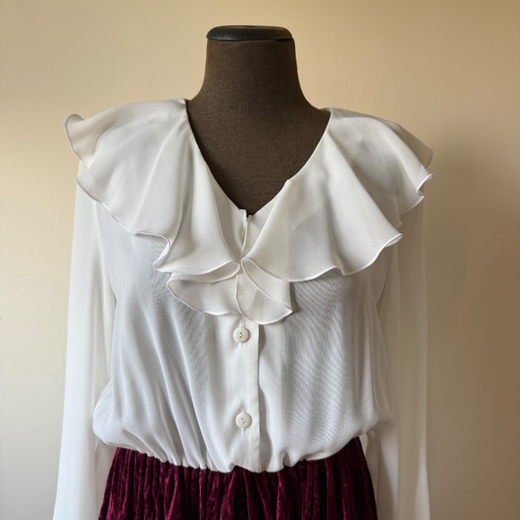 Unique Vintage 90s Burgundy Velvet Ruffle Blouse Dress - Picture 4 of 9